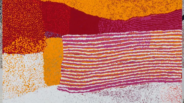 Abstract painting in red, orange, pink and white colours