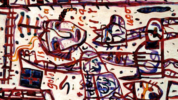 An abstract artwork with deep red, blue, black and white shapes