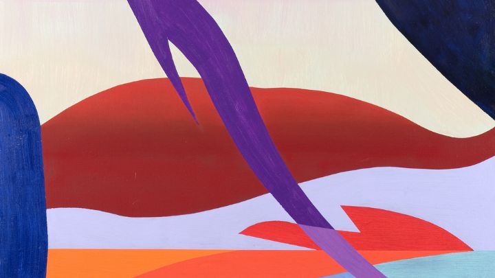 Purple and red brush strokes on a light blue background