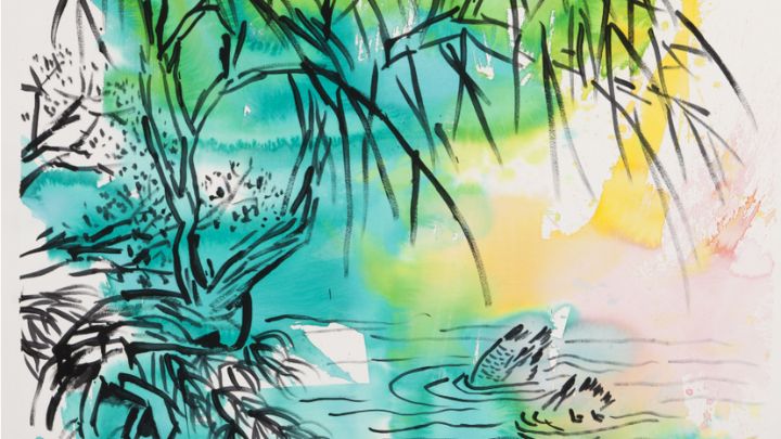 A teal and yellow painting of a tree